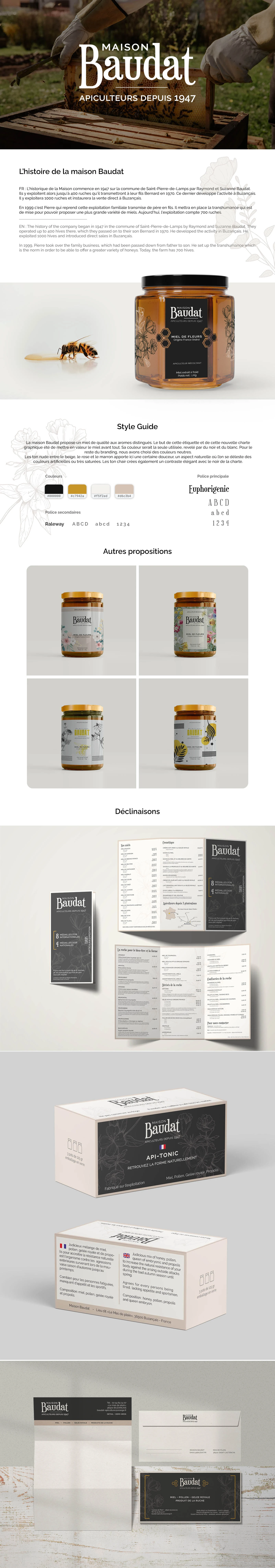 presentation du projet avec la présentation de l'entreprise Baudat, le style guide de la refonte graphique, les différentes propositions d'étiquettes. Déclinaision de l'identité graphique sur différents supports.