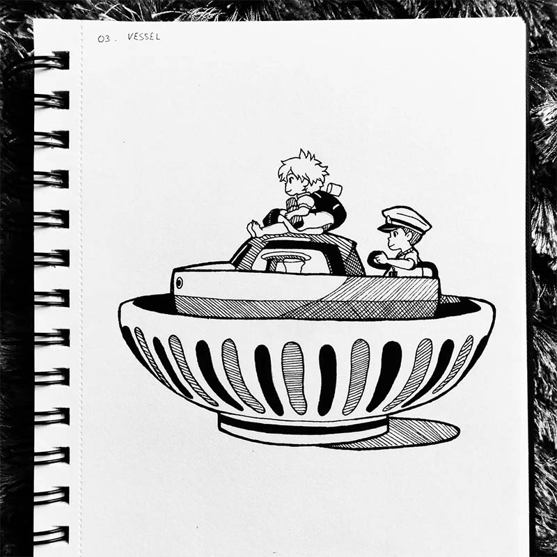 Dessin à l'encre de Ponyo dans un bateau