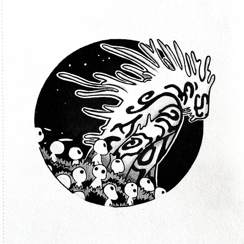 Dessin à l'encre du dieu cerf en forme mystique dans Princesse Mononoke