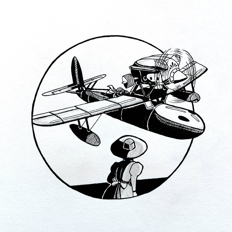 Dessin à l'encre de Porco Rosso dans son avion