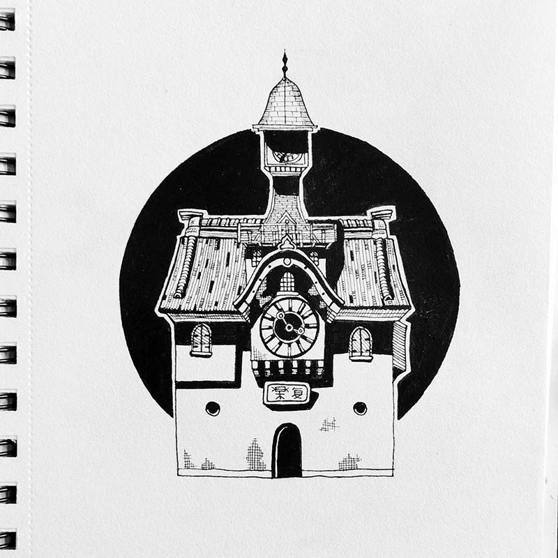 Dessin à l'encre de la gare avec son horloge dans Chihiro