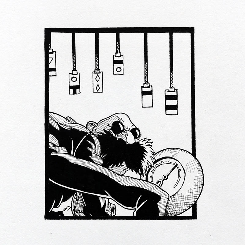 Dessin à l'encre du vieu Kamaji dans le Voyage de Chihiro