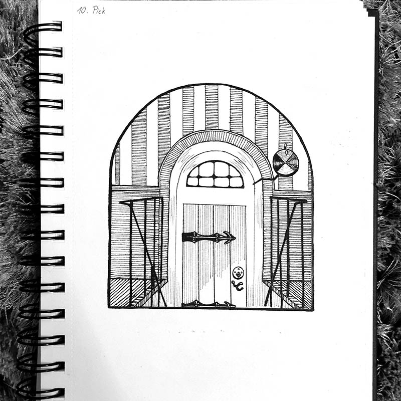 Dessin à l'encre de la porte magique dans Le Chateau Ambulant