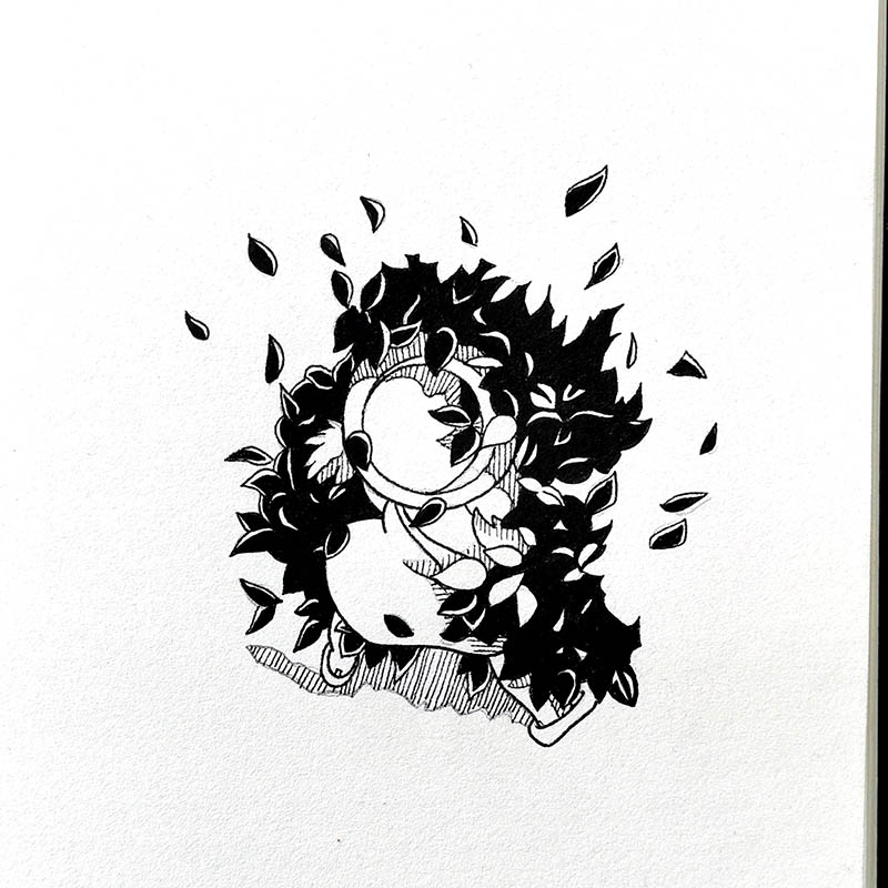 Dessin à l'encre de Mei dans un buisson dans le film Mon Voisin totoro