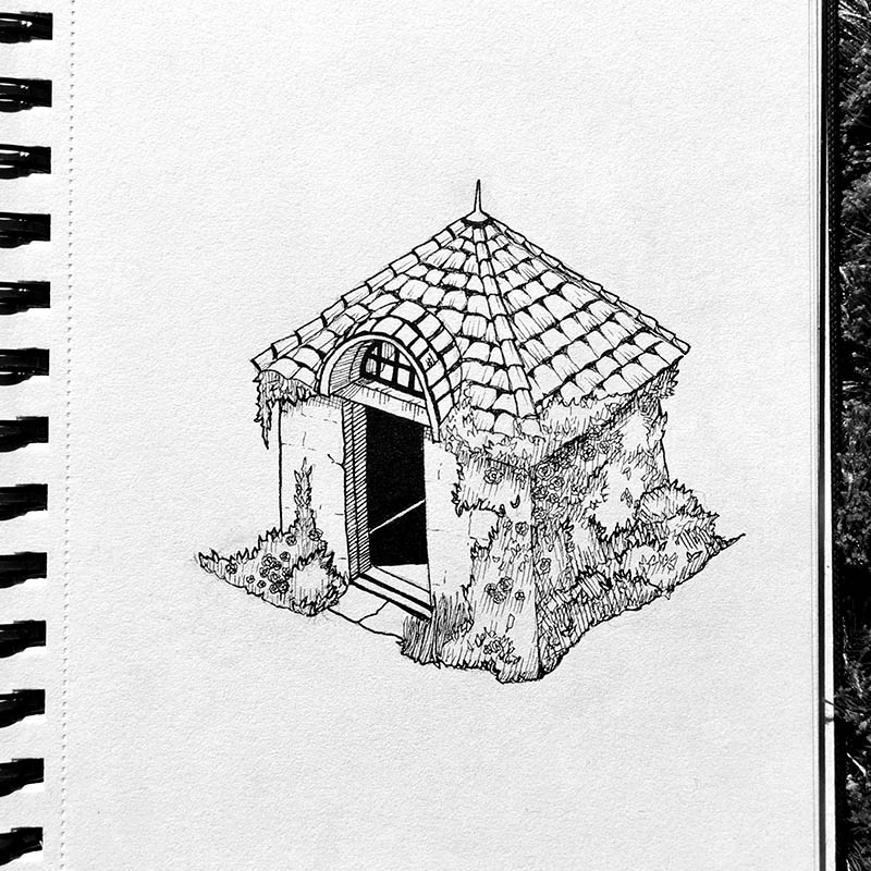 Dessin à l'encre d'une maisonnette dans Le Chateau ambulant