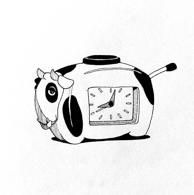 Dessin à l'encre d'un reveil vache dans Si tu tends l'oreille