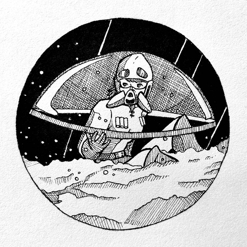 Dessin à l'encre de Nausicaa sous un globe d'Ohmu