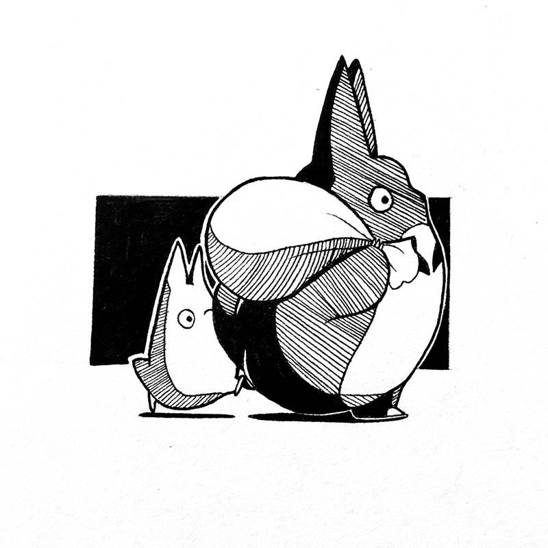 Dessin à l'encre des deux petits totoro