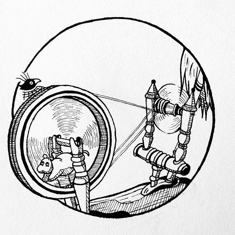 Dessin à l'encre du metier à filer de Zeniba, soeur de Yubaba dans Chihiro