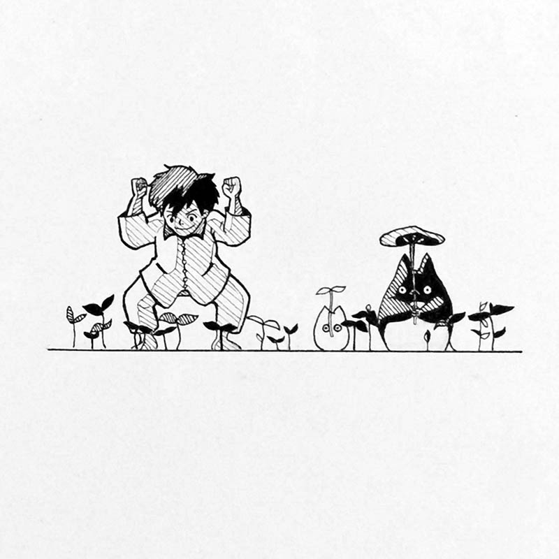 Dessin à l'encre de satsuki et des petits totoro faisant pousser des graines