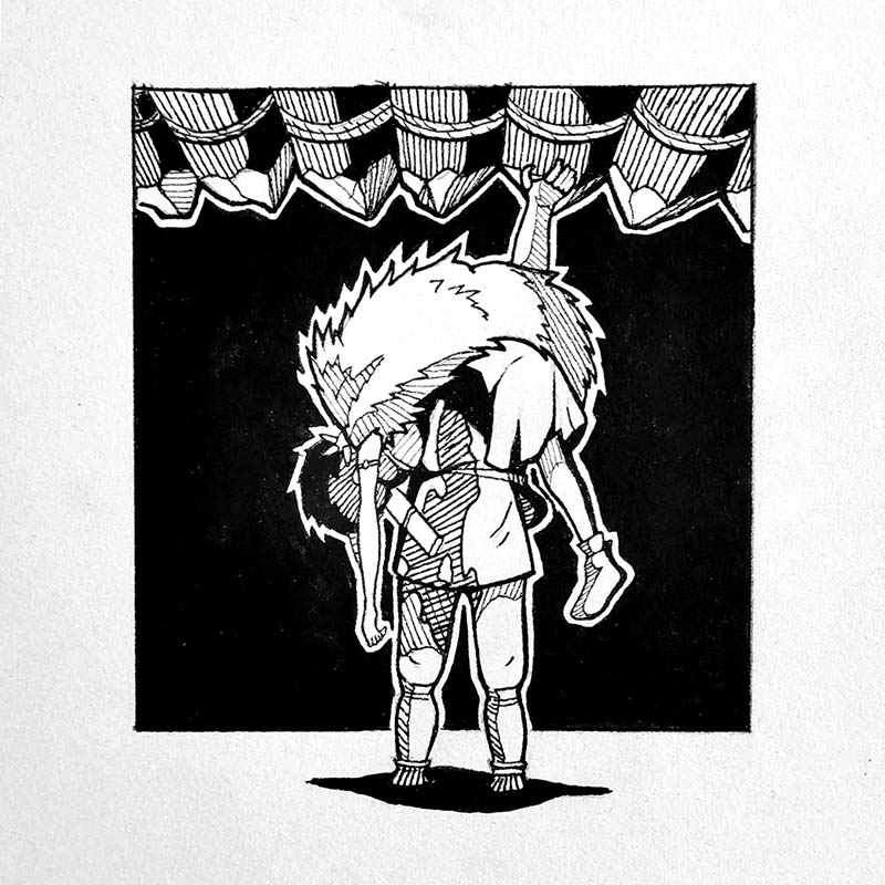 Dessin à l'encre d'Ashitaka ouvrant la porte des forges en portant San (Princess Mononoke)