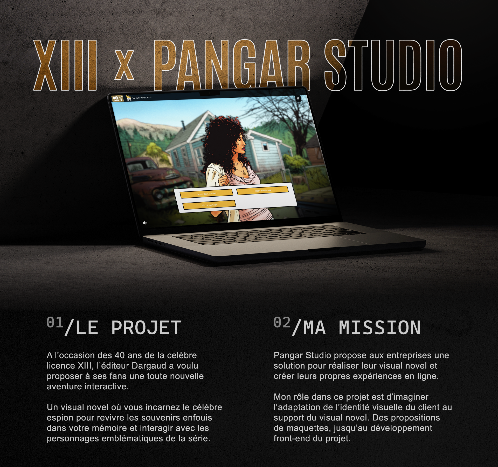 présentation d'un écran sur une des page du visual novel XIII, titre du projet et explications du projet et de son contexte